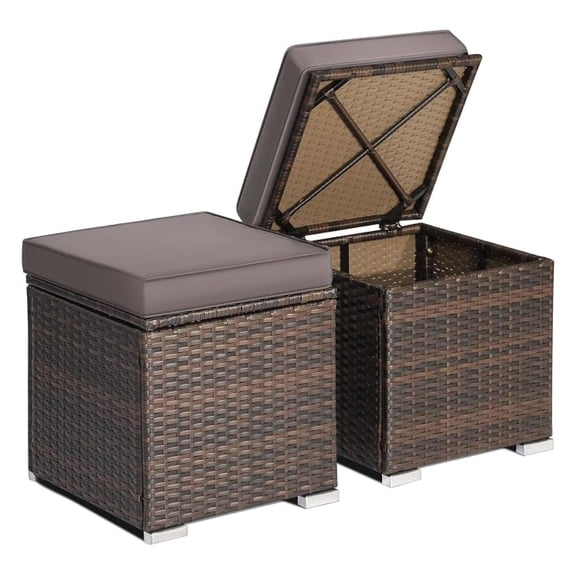 Wicker Outdoor Storage Ottoman, 2-Piece Rattan Footstool w/Removable Cushion, Multipurpose Footrest Stool Side Table Additional Seating, Set of 2 Outdoor Ottomans for Patio Deck (Grey)
