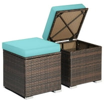 Wicker Outdoor Storage Ottoman, 2-Piece Rattan Footstool w/Removable Cushion, Multipurpose Footrest Stool Side Table Additional Seating, Set of 2 Outdoor Ottomans for Patio Deck (Turquoise)