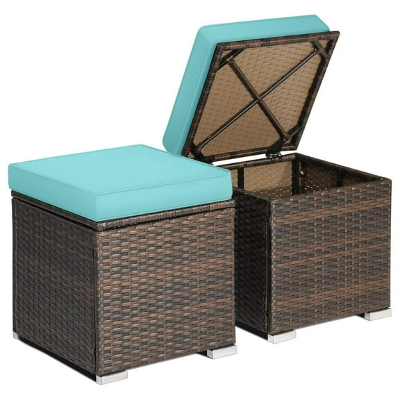 Wicker Outdoor Storage Ottoman, 2-Piece Rattan Footstool w/Removable Cushion, Multipurpose Footrest Stool Side Table Additional Seating, Set of 2 Outdoor Ottomans for Patio Deck (Turquoise)
