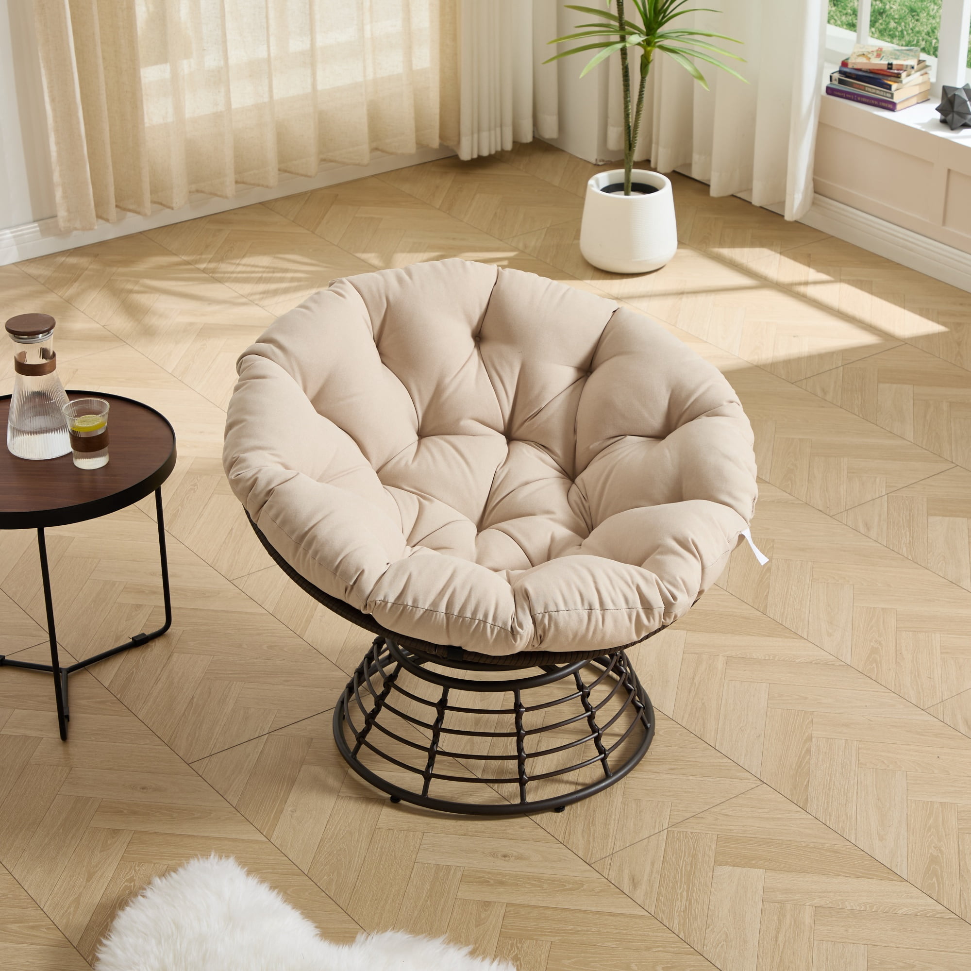 Wicker Papasan Chair with 360° Swivel, Indoor Outdoor Rattan Saucer Chair with Soft Thick Cushion, Ergonomic Swivel Chair for Living Room, Brown/Beige