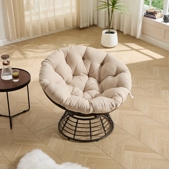 Wicker Papasan Chair with 360° Swivel, Indoor Outdoor Rattan Saucer Chair with Soft Thick Cushion, Ergonomic Swivel Chair for Living Room, Brown/Beige