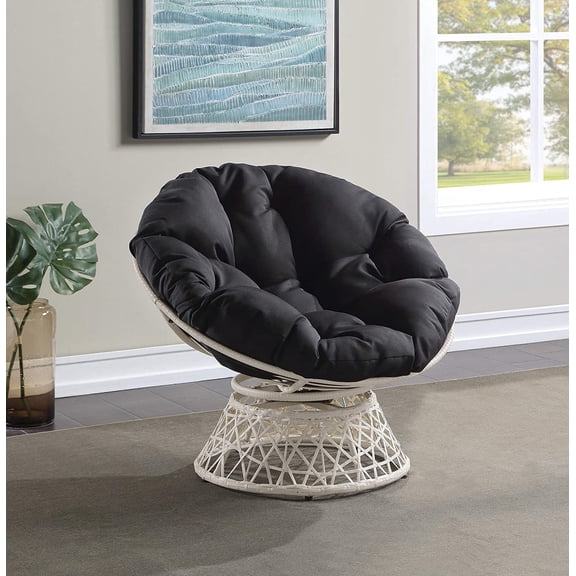 Wicker Papasan Chair with 360-Degree Swivel, Cream Frame with Black Cushion