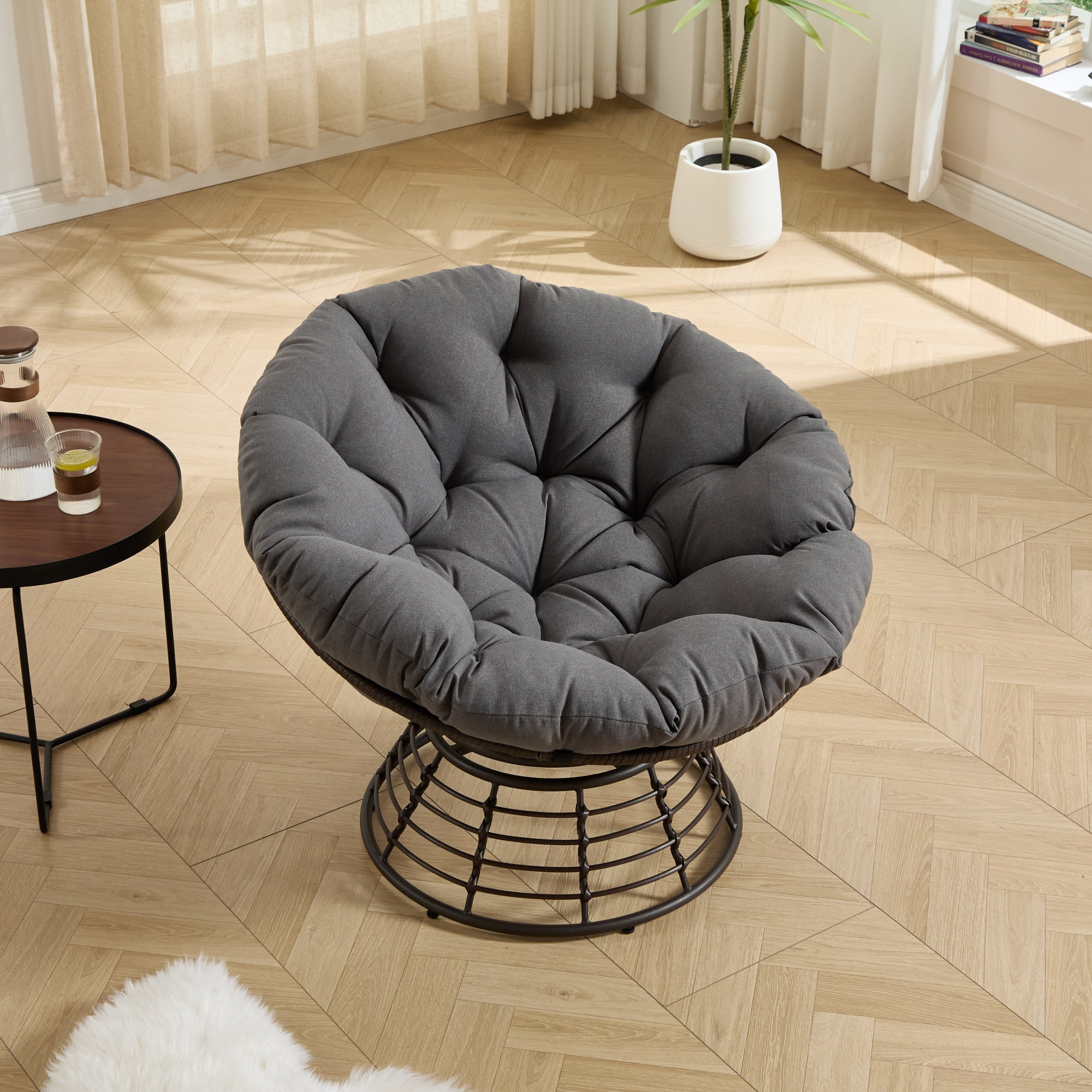 Wicker Papasan Chair with 360° Swivel, Indoor Outdoor Rattan Saucer Chair with Soft Thick Cushion, Ergonomic Swivel Chair for Living Room, Brown/Grey