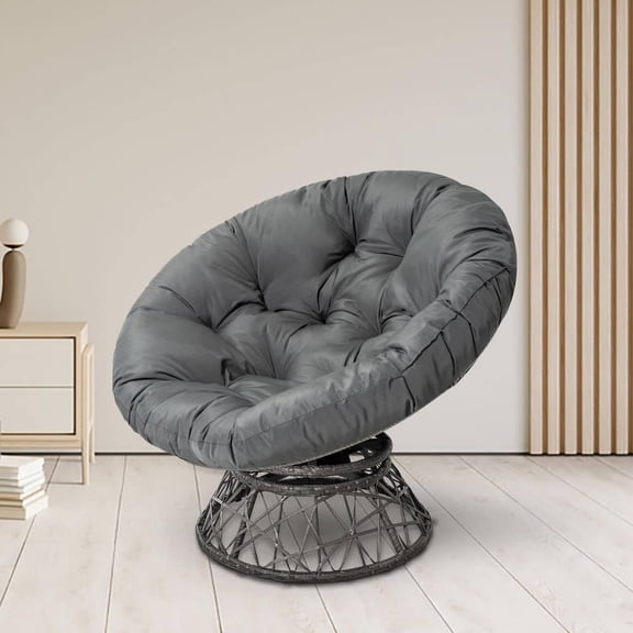 Wicker Papasan Chair with Oversized Cushion and Swivel Base, Indoor and Outdoor Lounge Chair in Dark Gray, Dark Gray