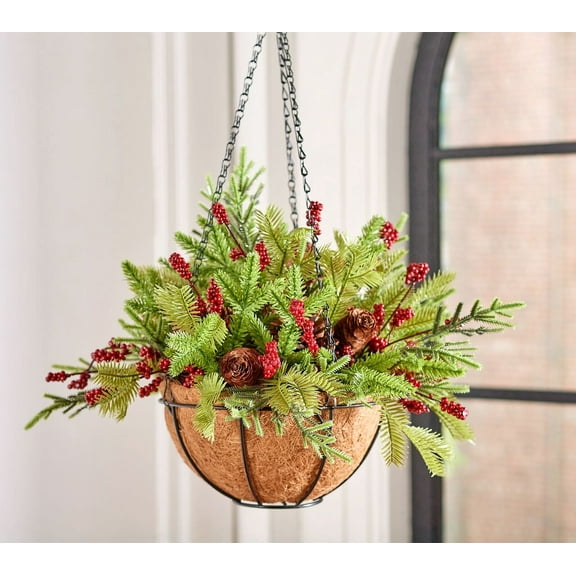 Wicker Park 18" Unlit Berry & Pinecone Hanging Basket