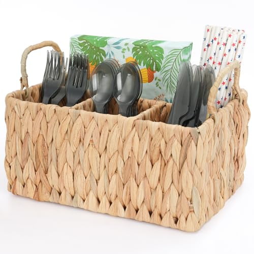 Wicker Party Silverware Caddy, Water Hyacinth Plastic Cutlery Utensil Holder, Hand Woven with Handles, Kitchen Countertop and Picnic flatware Organizer (4 compartments)
