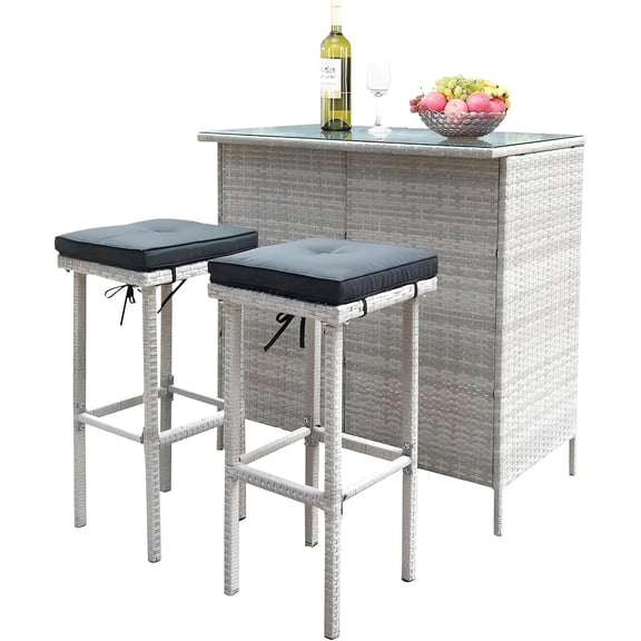 Wicker Patio Bar Set of 3-Piece, Rattan Bistro Set with stools and Coffee Table, Patio Bar Table and Chairs for Backyard, Porches or Poolside