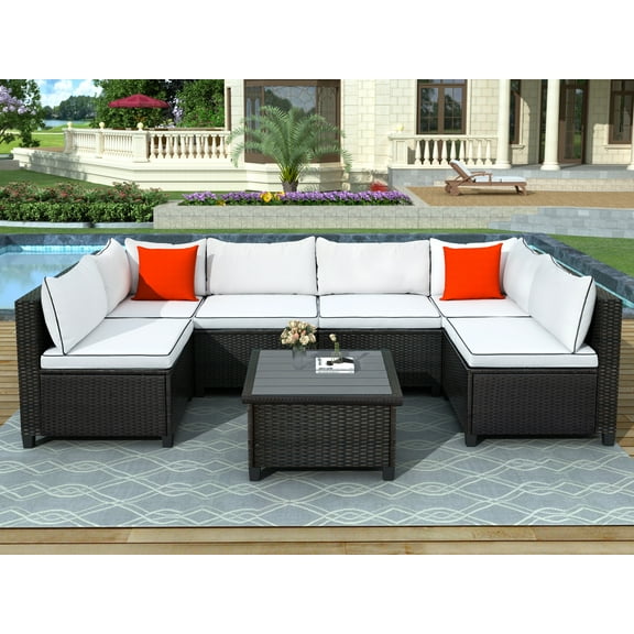 Wicker Patio Bistio Sofa for Garden, 7 Pieces Outdoor Wicker Patio Furniture Set with Seat Cushions & wood Coffee Table, Wicker Sets with 2 Pillows for Porch Poolside Backyard Garden, S9085
