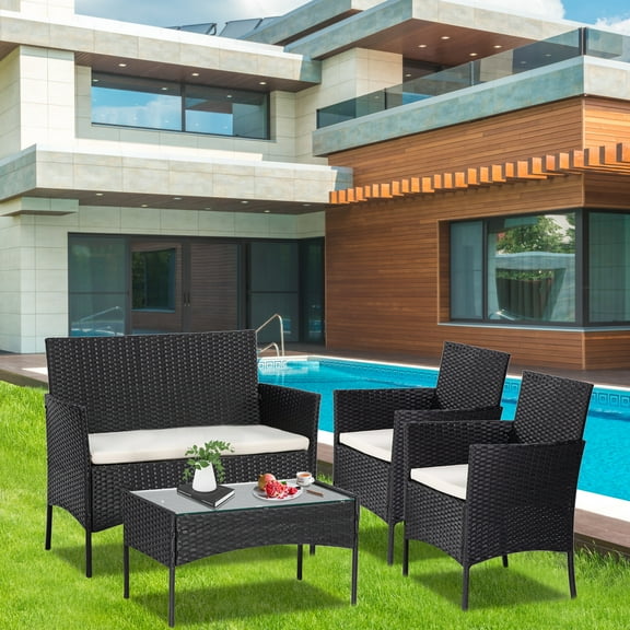 Wicker Patio Chair Furniture Sets for Home, 2020 Upgrade 4-Piece Wicker Patio Conversation Furniture Set w/Loveseat Seats, 2 Armchair Sofas, Coffee Dining Table and Padded Cushions, 660lbs, S8116