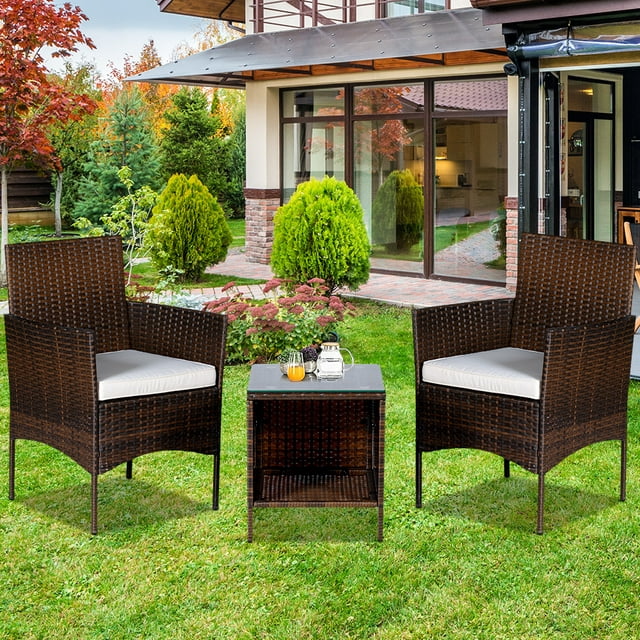 Wicker Patio Chair Set, 3 Piece Modern Bistro Set, Outdoor Patio Conversation Sets, Wicker Rattan Sectional Chairs with Coffee Table for Backyard, Porch, Garden, Balcony, Deck and Poolside, B1290