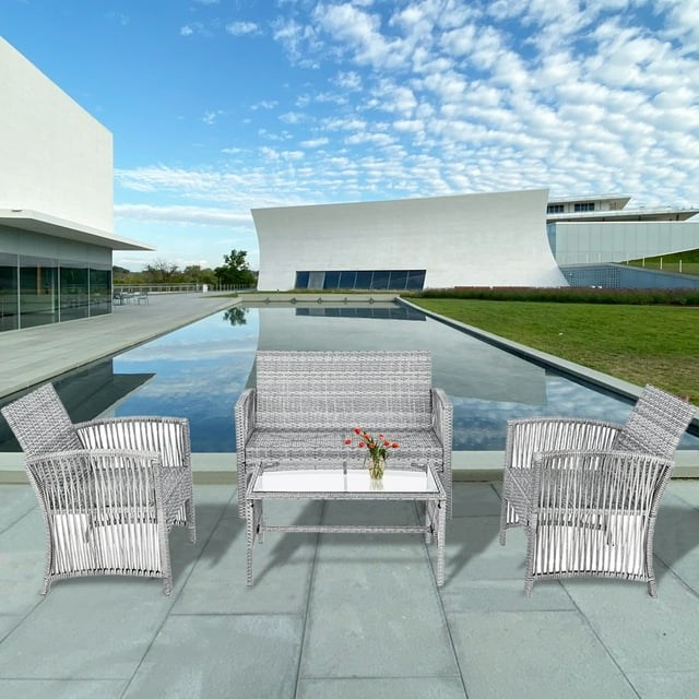 Wicker Patio Conversation Set, 4 Pieces PE Rattan Wicker Outdoor Furniture Set, Sectional Furniture Set with Soft Cushions & Coffee Table, Outdoor Chair Set for Patio Lawn Poolside Courtyard, B429