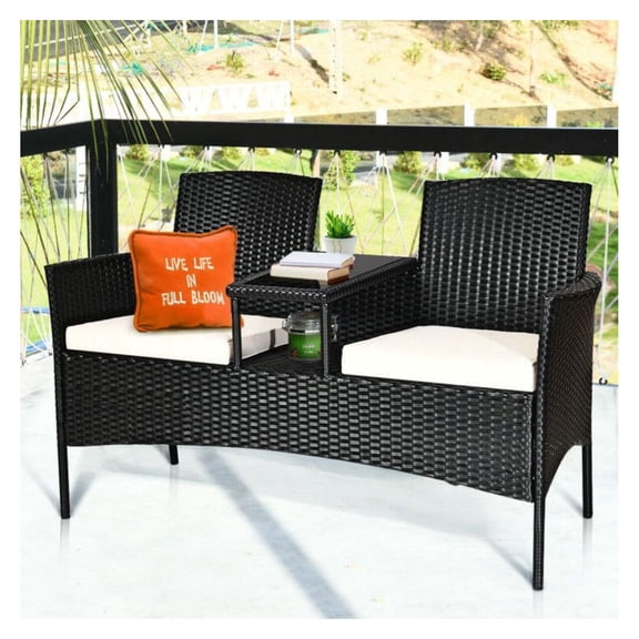 Wicker Patio Conversation Set with Cushions & Table - Outdoor Furniture for Garden, Balcony - Black Rattan, White/Turquoise/Red Cushions - 54.5" Chat Set - 355lbs Capacity
