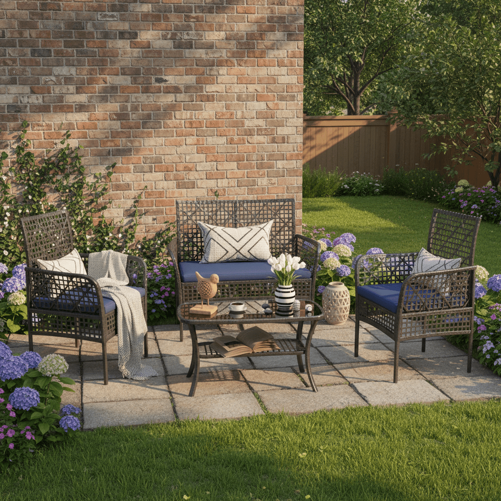 Segmart Patio Conversation Furniture Set,4-Piece PE Rattan Patio Furniture Set, Outdoor Conversation Set with Tempered Glass Table & Soft Cushions, All-Weather Blue Wicker Seating Group for Garden