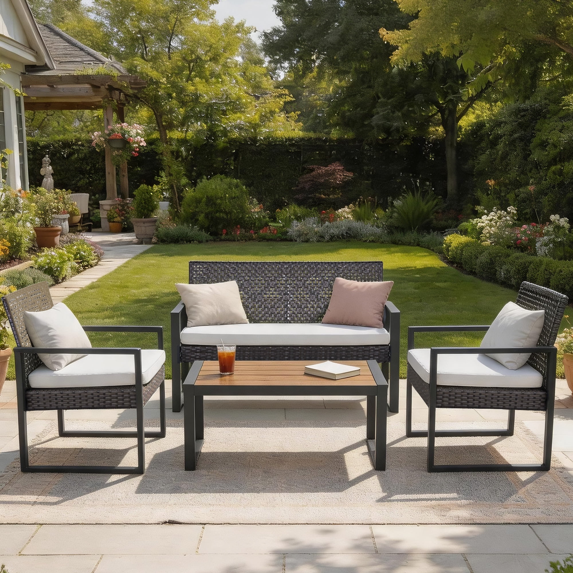 Modern 4-Piece Patio Furniture Set, Segmart Outdoor Acacia Wood Table & PE Rattan Seating with Water-Resistant Cushions for Garden, Balcony, Backyard,Brown