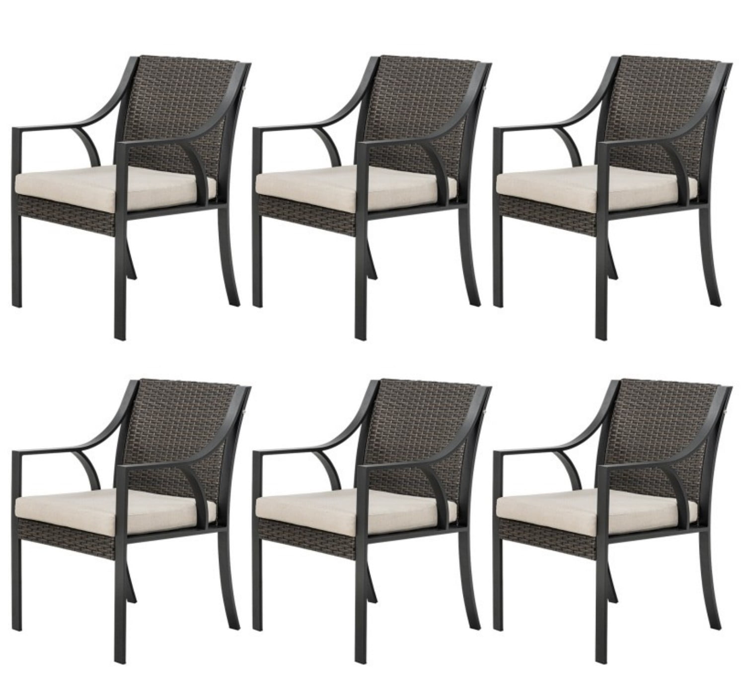 Wicker Patio Dining Chairs Set of 6, All Weather Outdoor Rattan Chairs with Beige Cushions, 350 lbs Metal Frame Patio Chairs for Backyard Porch Garden
