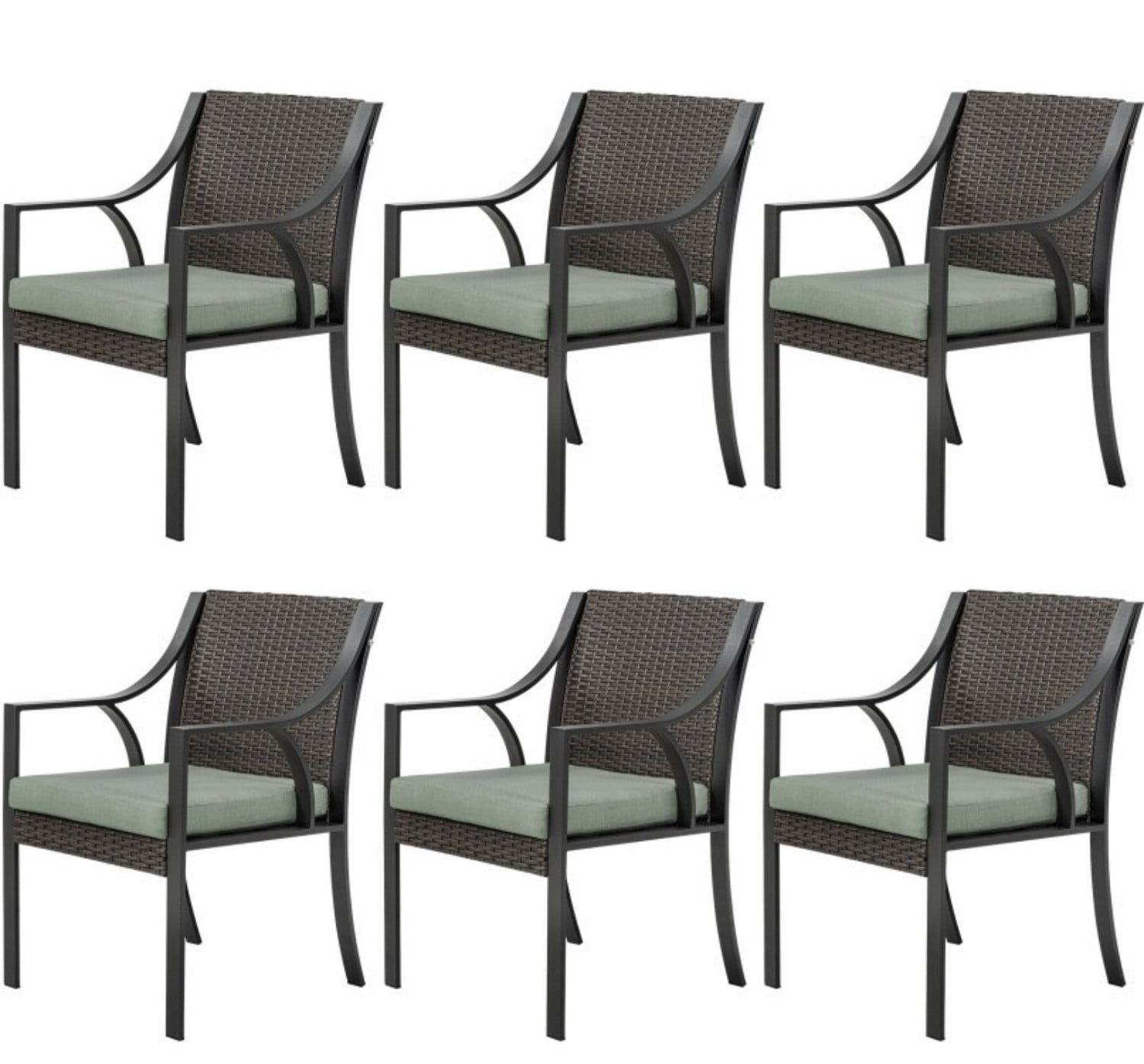 Wicker Patio Dining Chairs Set of 6, All Weather Outdoor Rattan Chairs with Green Cushions, 350 lbs Metal Frame Patio Chairs for Backyard Porch Garden