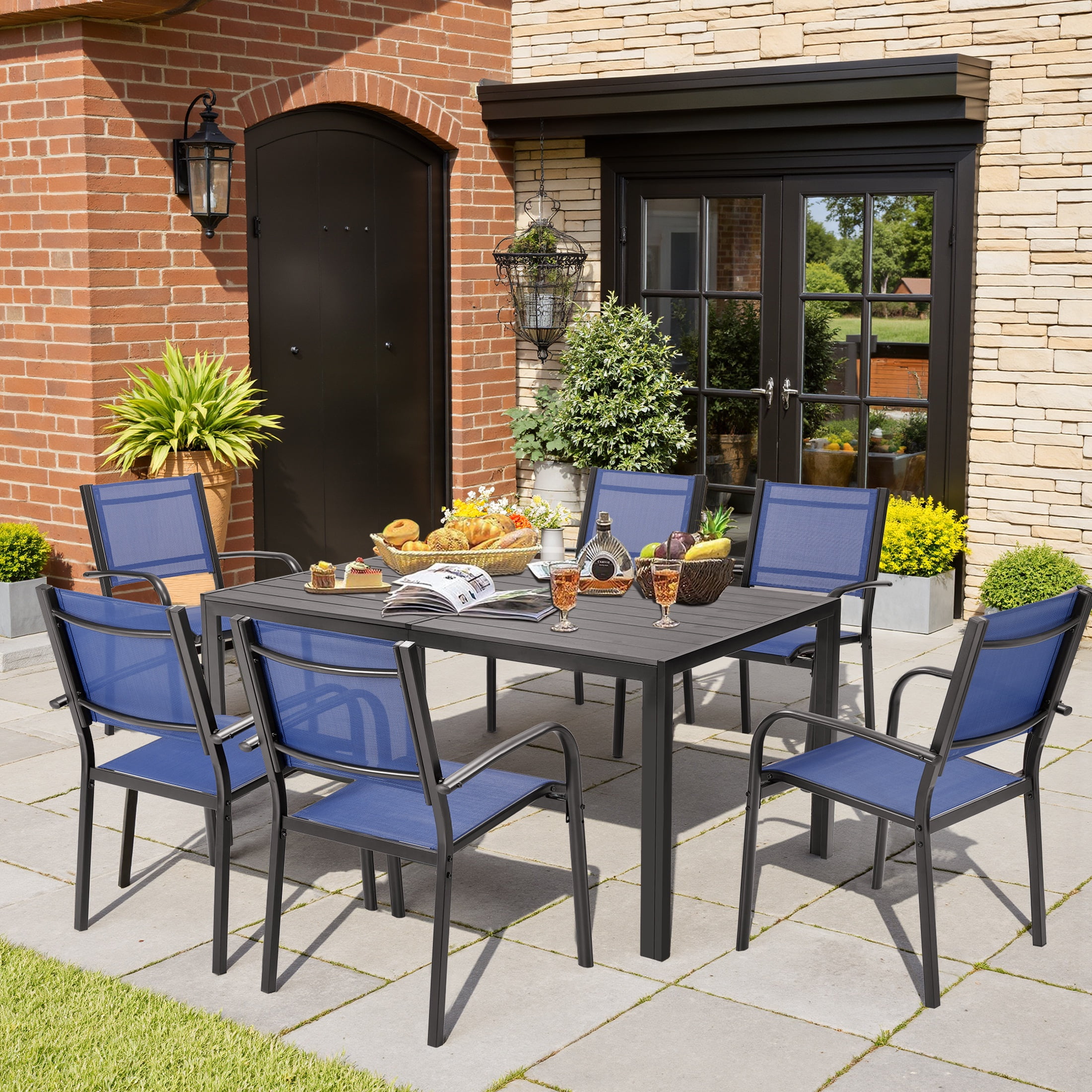 Patio Dining Set, 7PCS Outdoor Plastic-Wood Table & Textilene Chairs Set, Outdoor Furniture Dining Table Set, Garden Porch Backyard Poolside Sectional Conversation Set