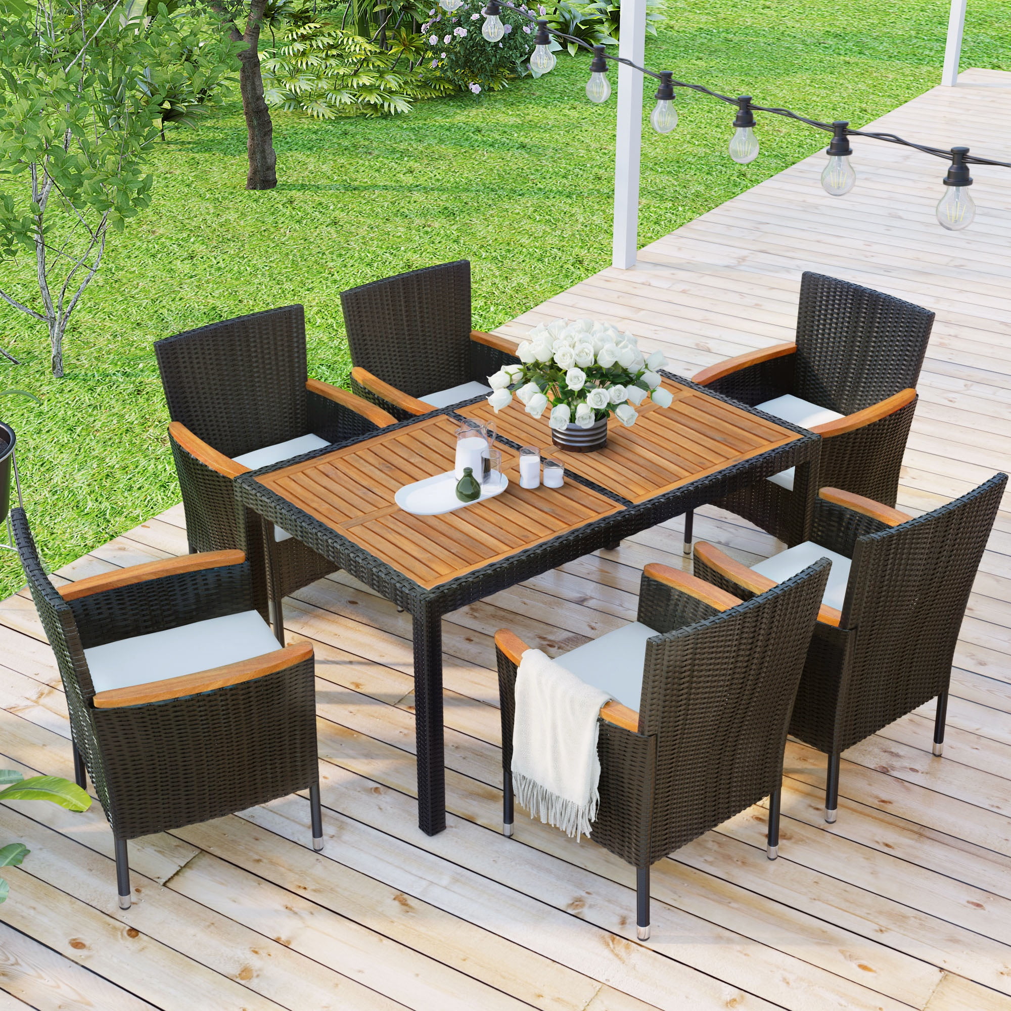 7 Piece Wicker Patio Dining Set Outdoor Rattan Table Chairs with Tempered Glass Top Cushions Walmart
