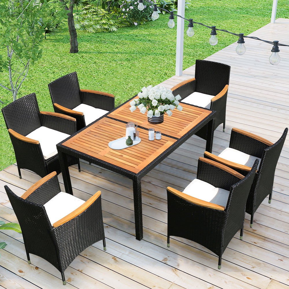 SEGMART Wicker Patio Dining Set, 7PCS Outdoor Rattan Table & Chairs Set with Acacia Wood Top & Padded Cushions, Deck Furniture Dining Table Set, Garden Porch Backyard Sectional Conversation Set