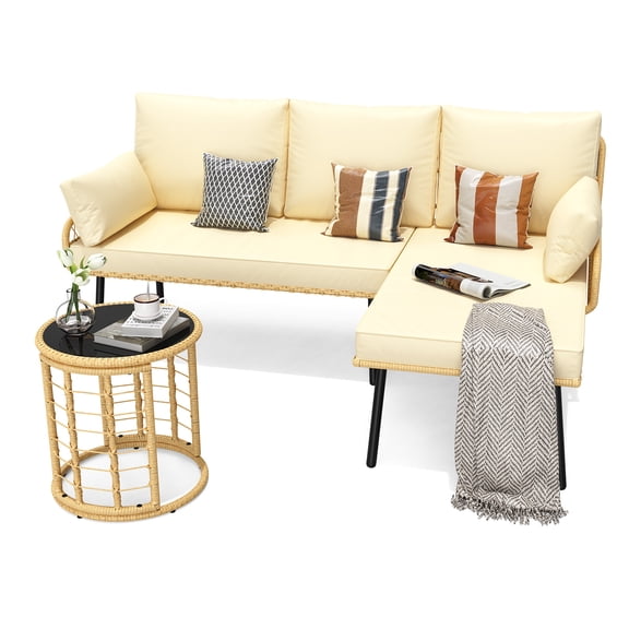 Wicker Patio Furniture, 3 Pieces L-Shaped Conversation Sofa Set, PE Rattan Outdoor Sectional Couch Patio Set with Detachable Lounger, Thick Cushions, Glass Side Table for Backyard, Porch, Deck, Beige