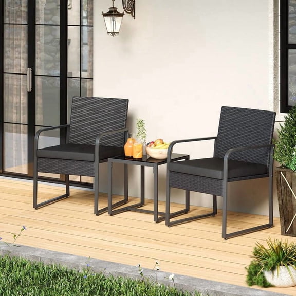 Wicker Patio Furniture, 3Pieces Patio Furniture Bistro Sets, Outdoor Rattan Conversation With Glass Table, Wicker Sofa Furniture Set With Cushion, For Backyard, Porch, Poolside, Lawn,Garden,Camping