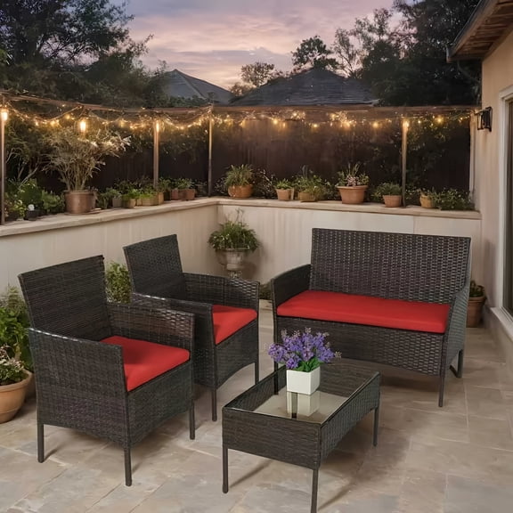 Junkai 4 Piece PE Rattan Soft Cushions Outdoor Conversation Sets with Loveseat and Table, Brown/Red