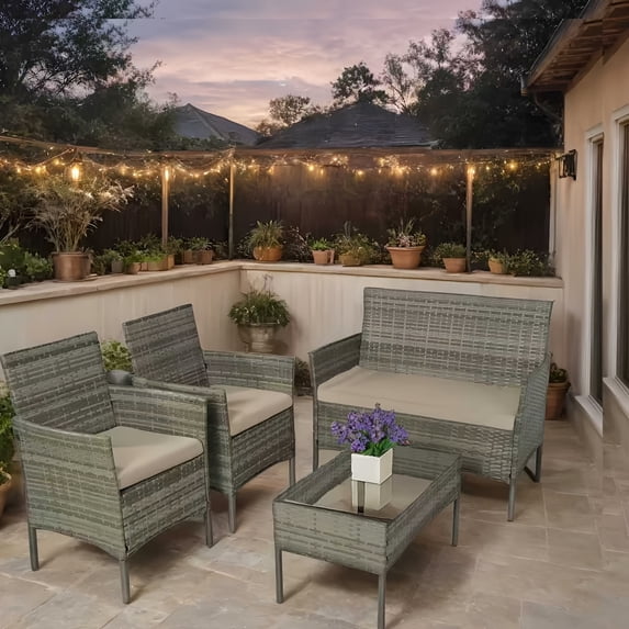 Junkai 4 Piece PE Rattan with Soft Cushions Outdoor Conversation Sets with Loveseat and Table, Gray/Gray