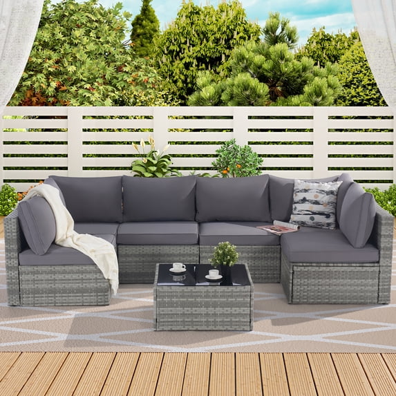 Wicker Patio Furniture, 7 Piece Sectional Sofa With Table, Aluminum Frame, Quick Dry Foam, Handwoven Wicker, Waterproof Cushion, Conversation Sofa Set For Garden