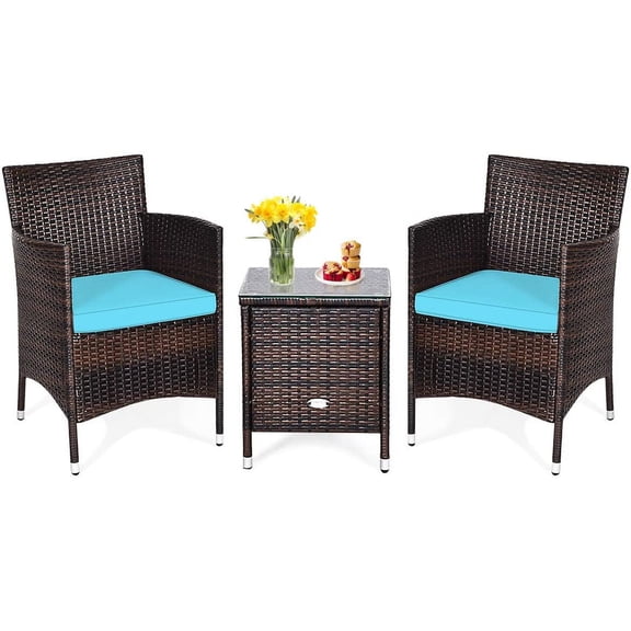 Wicker Patio Furniture Set 3 Piece, Small Outdoor Table & Chairs Set with Cushions, All-Weather Rattan Conversation Bistro Set for Balcony, Porch, Backyard, Deck, Turquoise