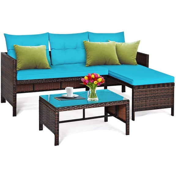 Wicker Patio Furniture Set Couch 3 Piece, L-Shaped PE Rattan Outdoor Sectional Sofa Conversation Set with Loveseat, Lounge and Tempered Glass Coffee Table for Garden Lawn Deck, Turquoise