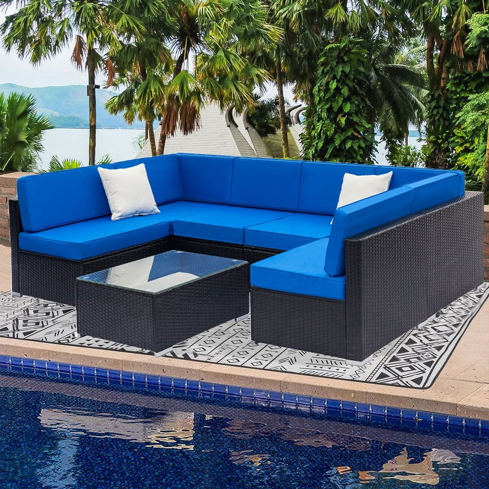 Wicker Patio Furniture Sets, 7 Piece Outdoor Conversation Set with Coffee Table and Patio Sofa