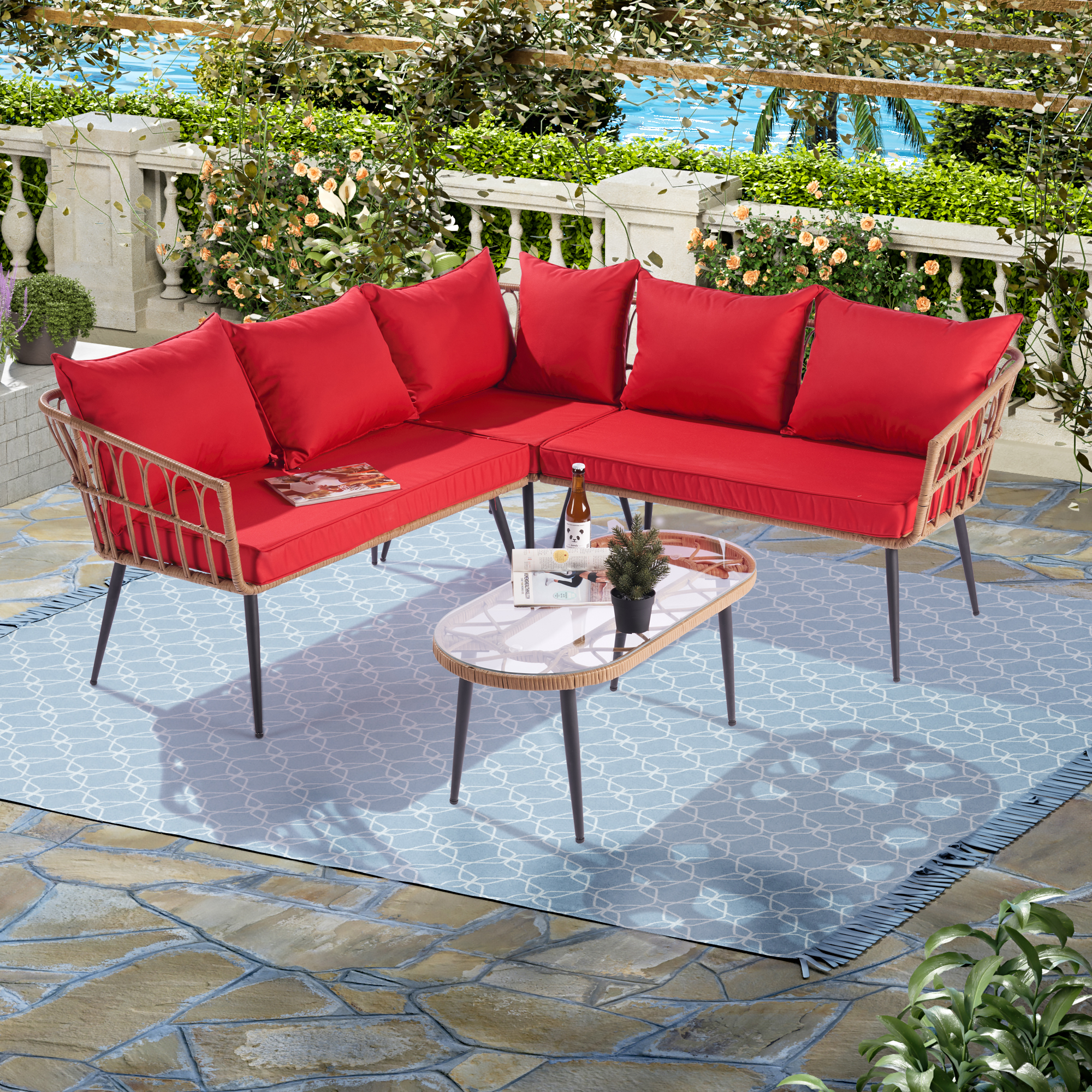 Wicker Patio Furniture Sets on for Backyard, 2023 Upgrade New 4-Piece Wicker Conversation Set w/L-Seats Sofa, R-Seats Sofa, Tempered Glass Table, Padded Cushions, Red, S8326 - image 1 of 7