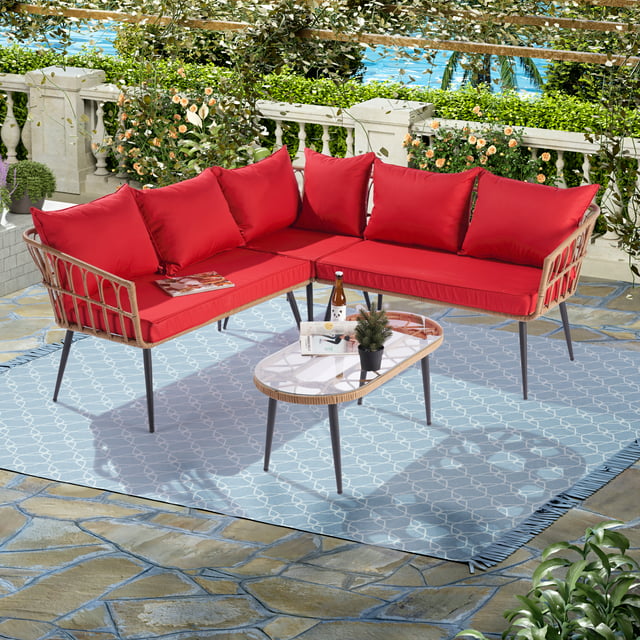 Wicker Patio Furniture Sets on for Backyard, 2023 Upgrade New 4-Piece Wicker Conversation Set w/L-Seats Sofa, R-Seats Sofa, Tempered Glass Table, Padded Cushions, Red, S8326