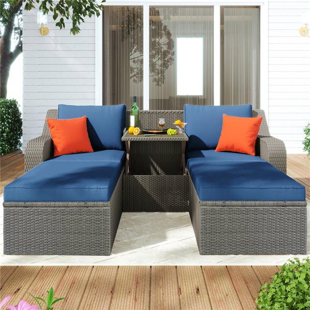 Wicker Patio Sets, 5 Piece Patio Furniture Sofa Sets, with 2 Armchairs, 2 Ottomans, Coffee Table, All-Weather Patio Conversation Set with Cushions for Backyard, Porch, Garden, Poolside, LLL1452