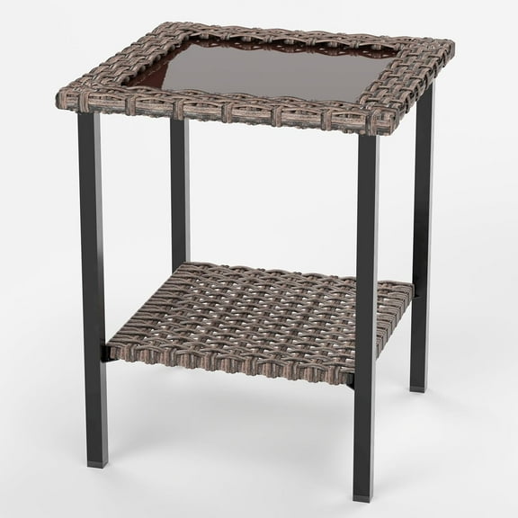 Wicker Patio Side Table, 2 Tier Hand Woven Wicker Bistro Table, Outdoor Square Rattan Side Table with Metal Legs, Brown