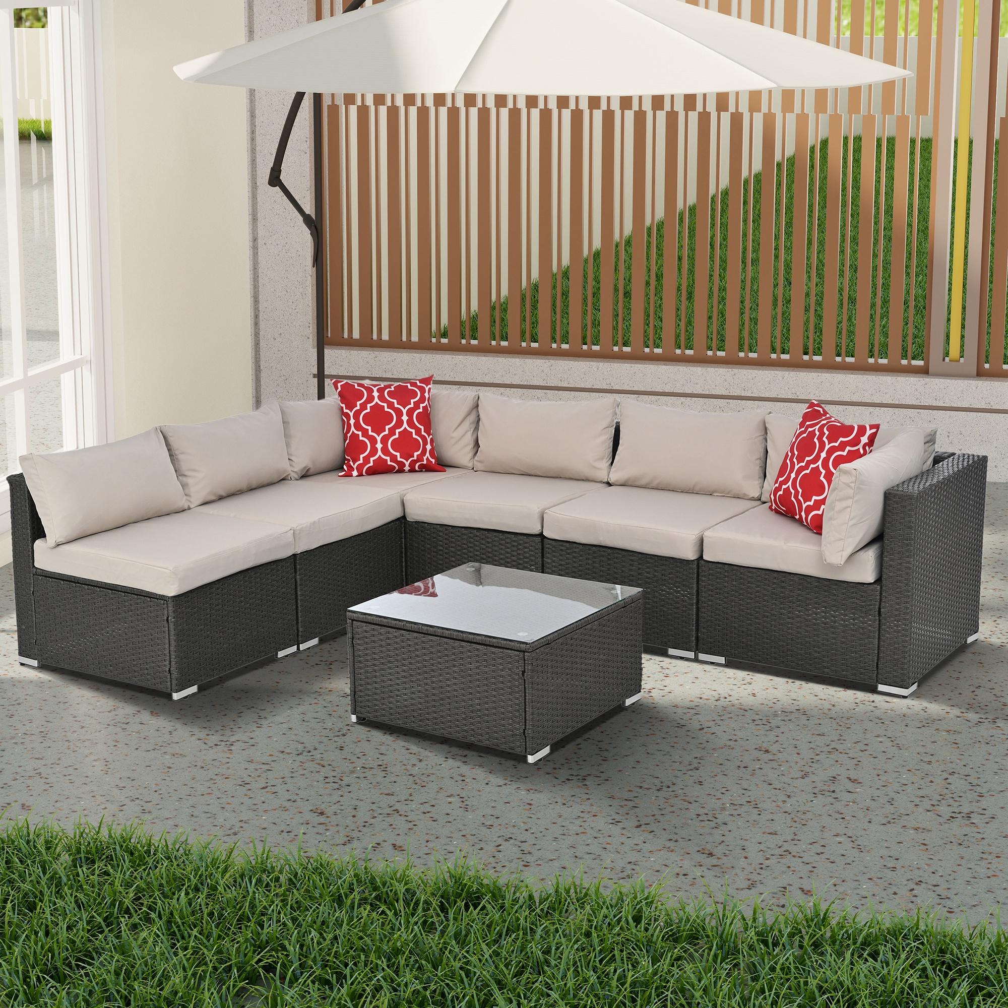 Wicker Patio Sofa Sets, 7 Pieces Outdoor Seating Sets, Lounge Sofa and Tempered Glass Coffee Table, Deck Front Garden Furniture Set, Gray Rattan + Beige Cushion - image 1 of 10