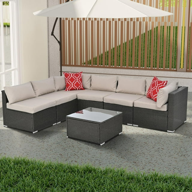 Wicker Patio Sofa Sets, 7 Pieces Outdoor Seating Sets, Lounge Sofa and Tempered Glass Coffee Table, Deck Front Garden Furniture Set, Gray Rattan + Beige Cushion