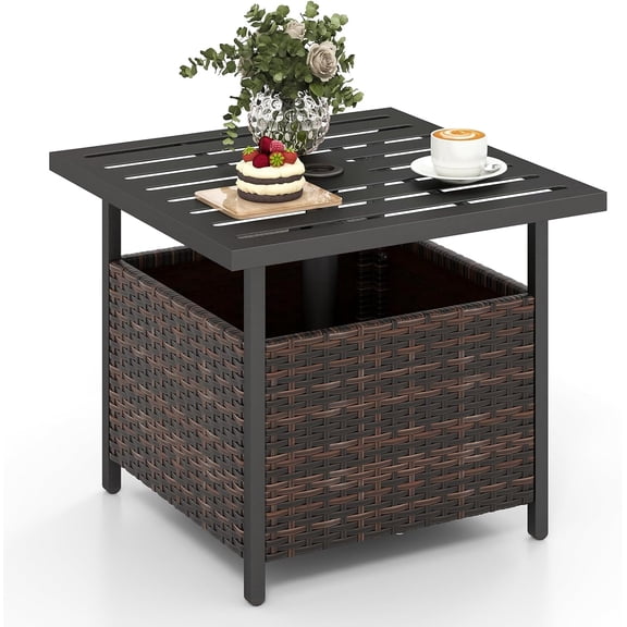 Wicker Patio Umbrella Table with 1.57” Umbrella Hole, Outdoor Rattan Side Table with Heavy Duty Metal Frame, 22” Square PE Rattan End Table for Deck Backyard Poolside (Mix Brown)