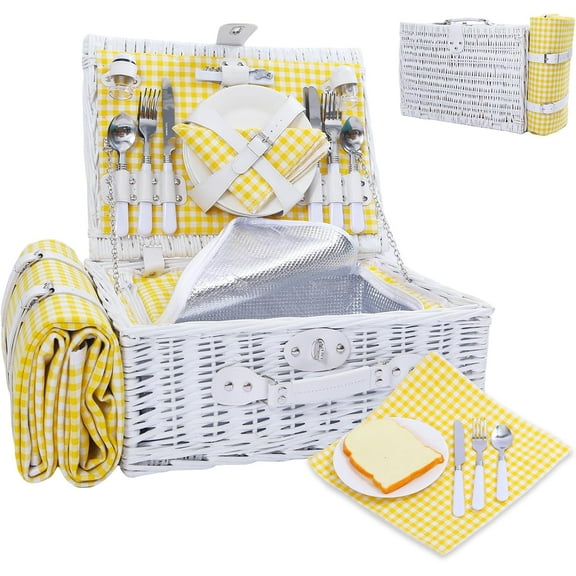 Wicker Picnic Basket for 4 with Insulated Cooler & Waterproof Blanket - Handwoven Luxury Outdoor Set with Ceramic Plates, Perfect for Beach, Camping & Romantic Getaways