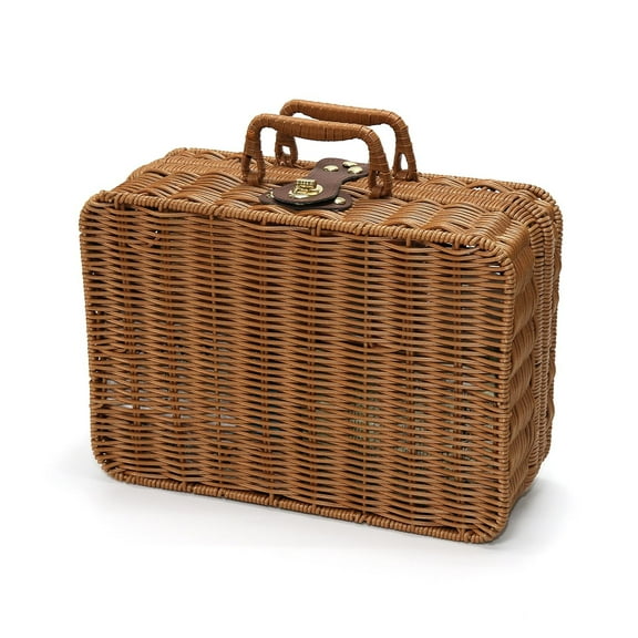 Wicker Picnic Basket, Decorative Prop Suitcase Vintage Storage Hamper Makeup Organizer, 11.5" Metal Lock Plastic Rattan Storage Box with Handles for Sundries Travel Camping and Outdoor Party (L)