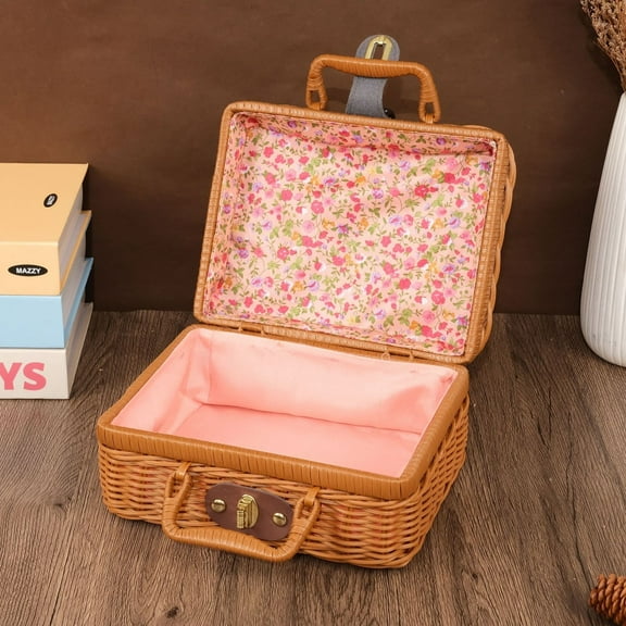 Wicker Picnic Basket, Decorative Prop Suitcase Vintage Storage Hamper Makeup Organizer, Metal Lock Plastic Rattan Storage Box with Handles for Sundries Travel Camping and Outdoor Party,Gift wedding