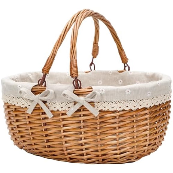 Wicker Picnic Basket with Double Folding Handles,Willow Picnic Hamper,Natural Hand Woven Easter Basket,Easter Eggs and Candy Basket,Bath Storage,Gift Packing Basket.White