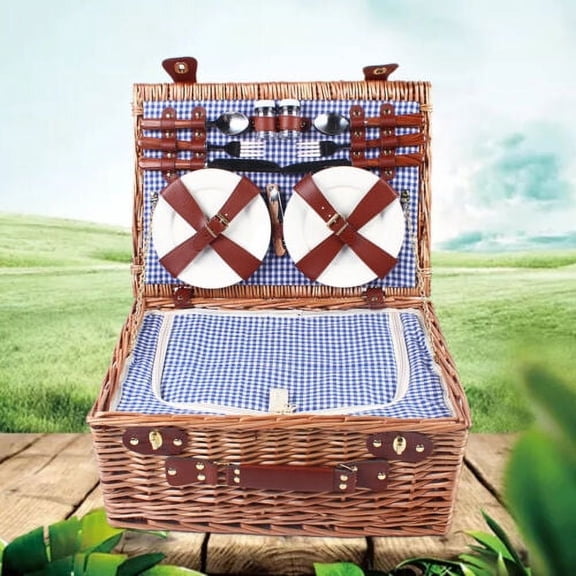 Wicker Picnic Basket Flatware Set Utensils Large Capacity Basket With Cups
