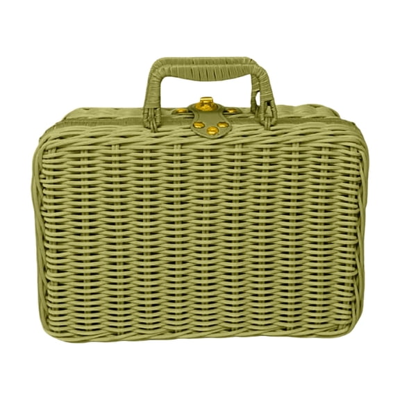 Wicker Picnic Basket with Handle Decorative Retro Rattan Suitcase with Faux Leather Buckle, Lightweight Gift Basket Box, Makeup Organizer for Camping Travel,Army Green