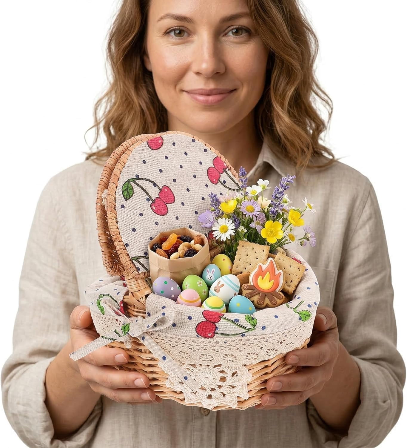 Wicker Picnic Basket with Handle and Lid: Small Handheld Rattan Woven Easter Eggs Collecting Storage Basket for Eggs Fruit Vegetable Picnic Camping and Kitchen Decor 10.23 X 9.44 X 7.28 Inches