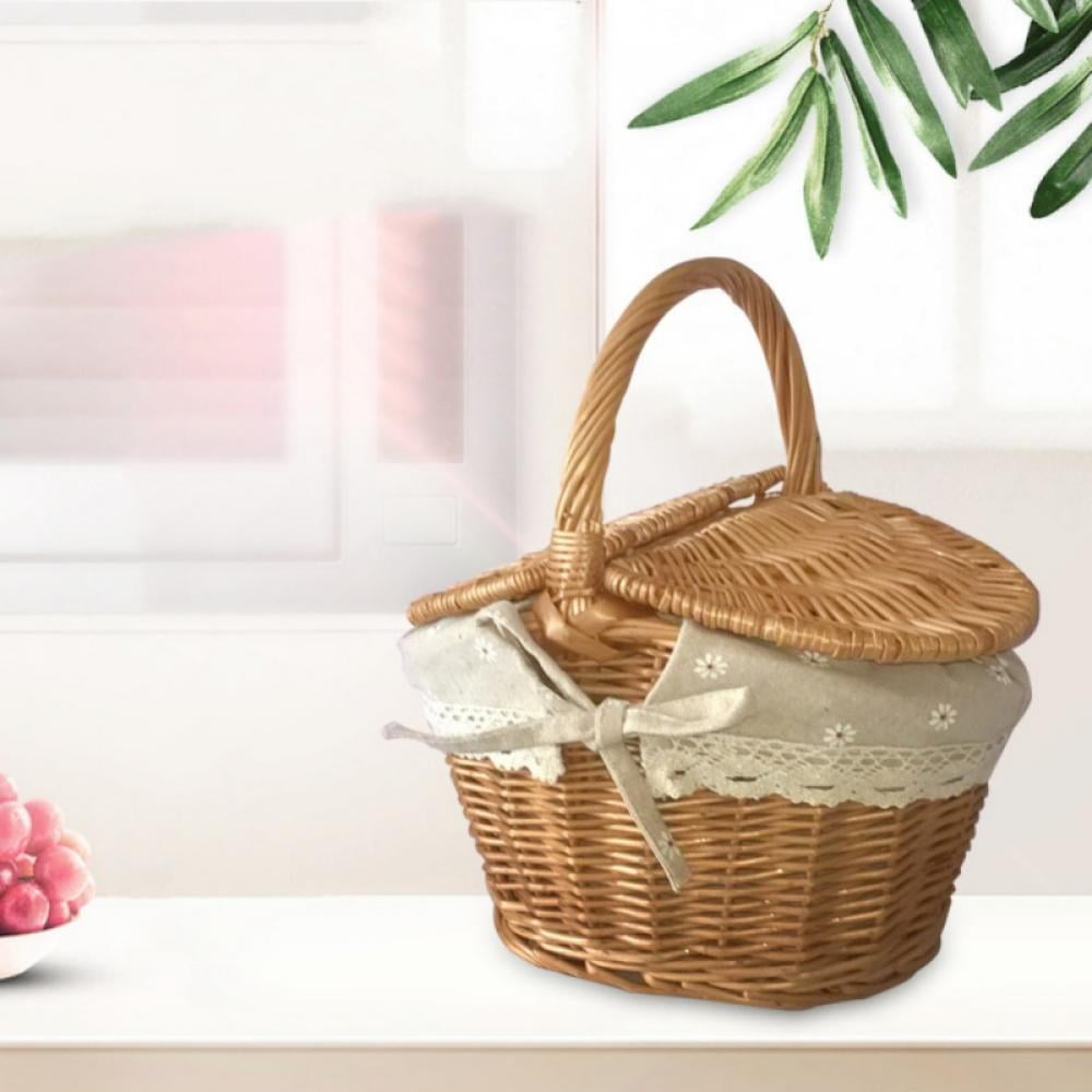 Wicker Picnic Basket with Lid and Handle Sturdy Woven Body with Washable Lining, Easter Eggs Candy Basket Wedding Flower Girl Baskets for Home Garden Decor