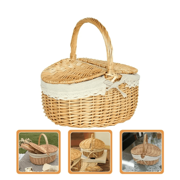 Wicker Picnic Basket with Lid and Handle Sturdy Woven Body with Washable Lining for Easter,Mother's Day,Outdoor Camping,Wicker Basket with Foldable Handle Lid & Removable Liner,Beige,10.2x7.1"