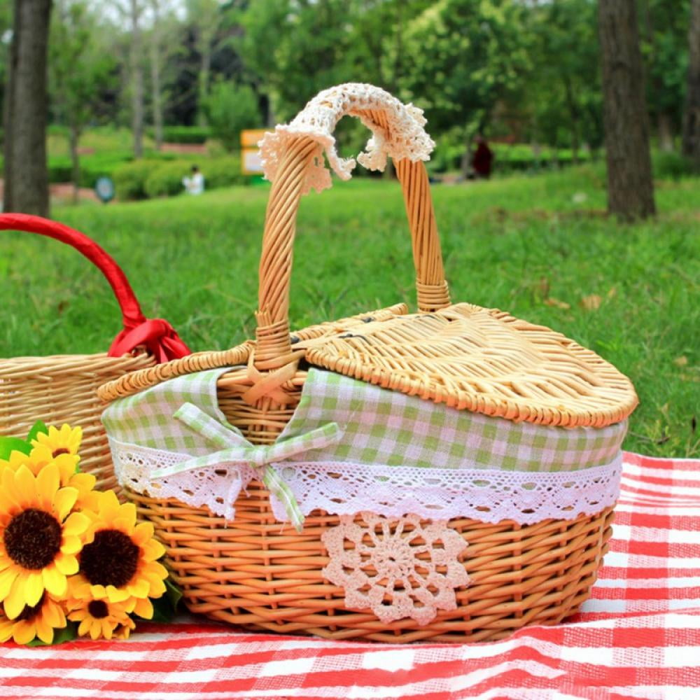 Wicker Picnic Basket with Liner, Wooden Split Lid Picnic Basket
