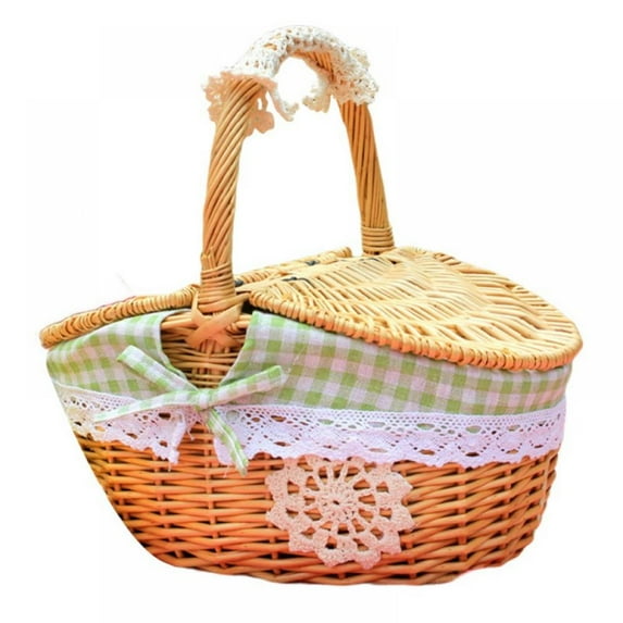 Wicker Picnic Basket with Liner, Wooden Split Lid Picnic Basket, Vintage-Style Picnic Hamper with Folding Woven Handle for Picnic, Camping, Outdoor, Valentine Day, Thanks Giving, Birthday