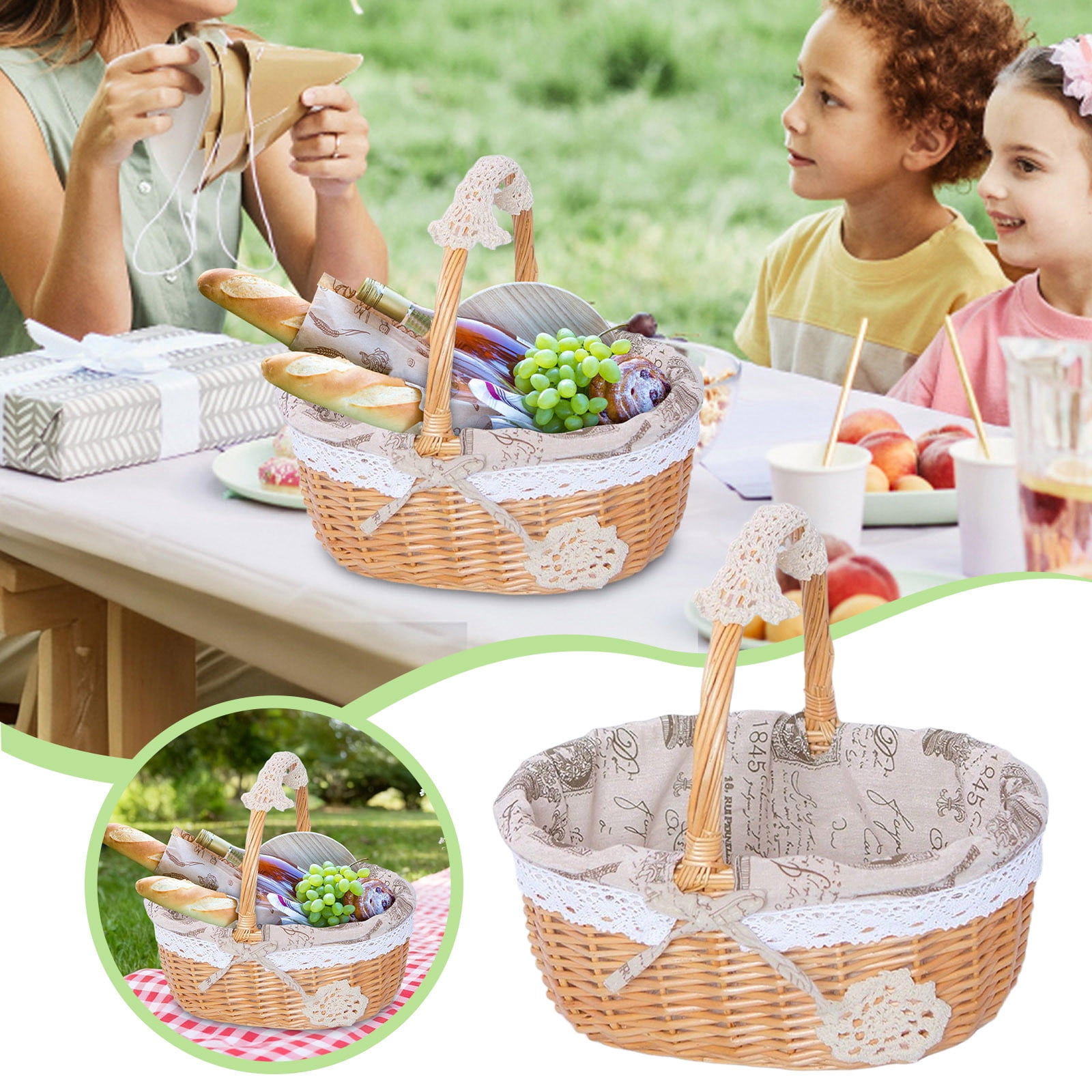 Wicker Picnic Basket with Removable Floral Liner, Suitable for Weddings, Holidays, Gardening, Valentine's Day, Easter, Parties, Celebrations, Oval Picnic Camping Outdoor Basket, 9.8 x 7.8 x 10.2 in